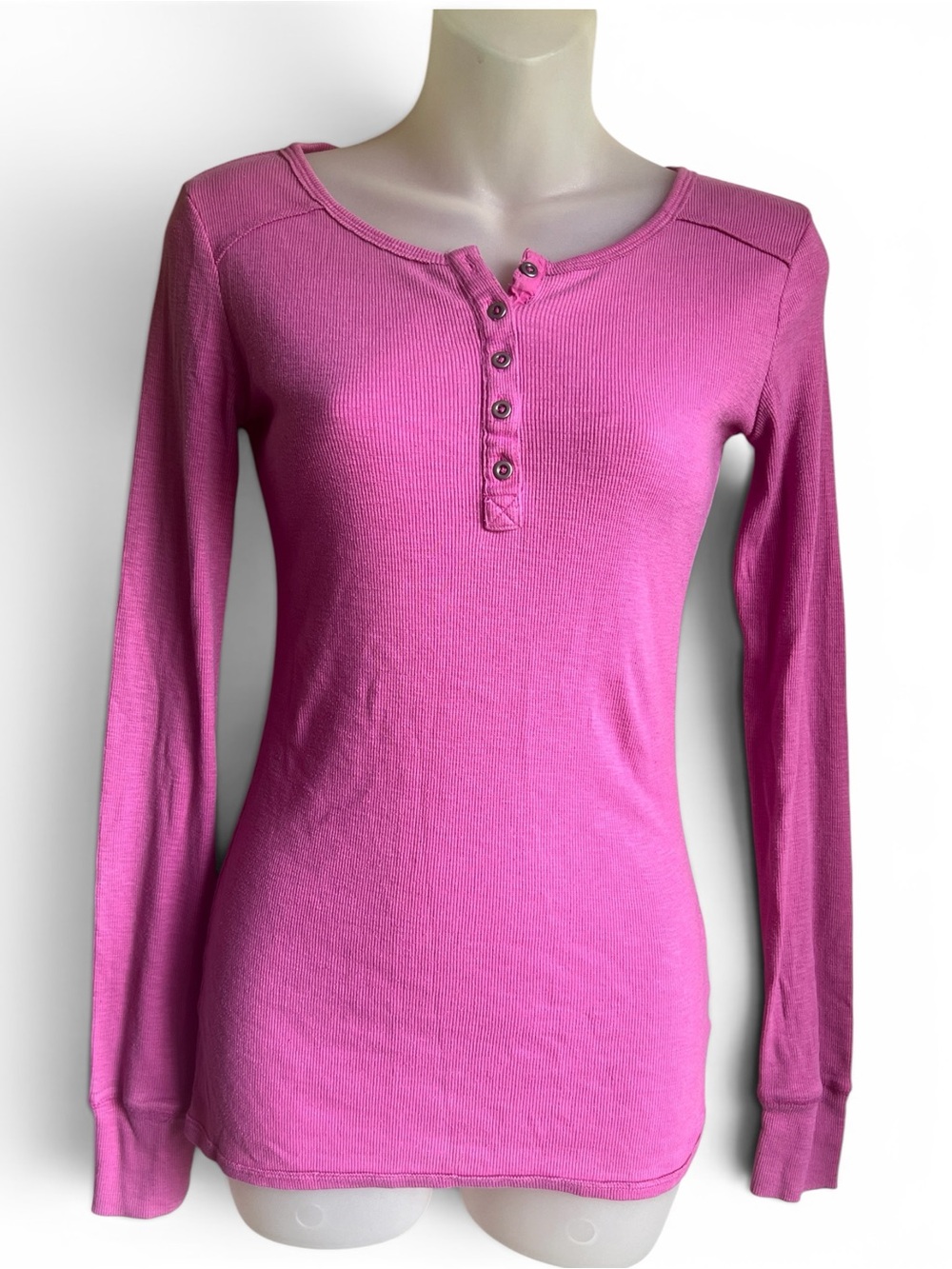 Y2K Dark Pink Waffle Knit Thermal Tight Mossimo Henley Top Size XS Preppy